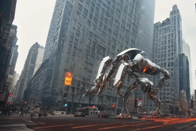 Prompt: VFX movie of a flying dark futuristic robot hero with 6 arms levitating on New York street, steam vent, by Emmanuel Lubezki