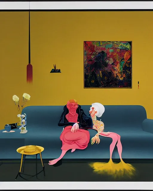 Image similar to old dead couple on couch watching a large obsidian television screen inside a yellow art deco interior room in the style of Francis Bacon and Syd Mead, open ceiling, highly detailed, painted by Francis Bacon and Edward Hopper, painted by James Gilleard, surrealism, airbrush, very coherent, triadic color scheme, art by Takato Yamamoto and James Jean
