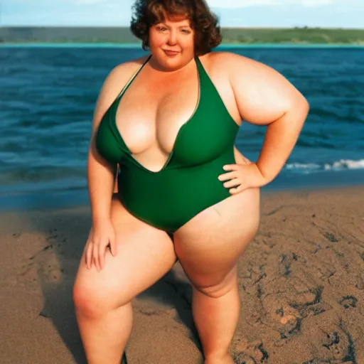 Image similar to a chubby woman with light brown hair and green eyes lounging at the beach wearing a one - piece swimsuit