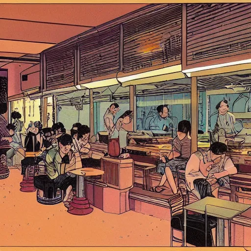 Image similar to a singaporean coffeeshop, by moebius