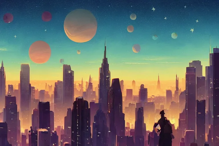 Image similar to city skyline at dusk with stars and planets stylized, official fanart behance hd artstation by jesper ejsing, by rhads, makoto shinkai and lois van baarle, ilya kuvshinov, ossdraws, cel shaded by feng zhu and loish and laurie greasley, victo ngai, andreas rocha, john harris