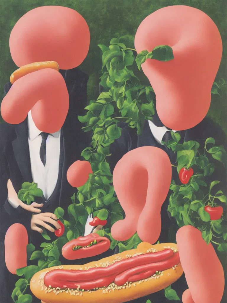 Image similar to Rene Magritte's Son Of Man painting with a floating pink hotdog blocking the face, the hotdogs all have faces, the hotdog has a stem and leaves and is growing more unripe hotdogs on the hotdog vine