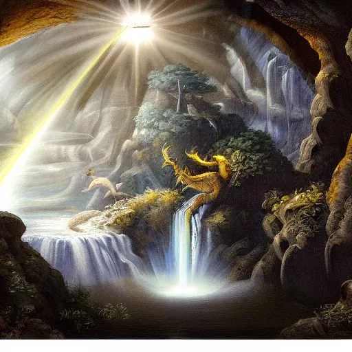 Image similar to oil painting of a dragon flying in the air near a cave with a waterfall in the center, light emanating from the waterfall leading to a big pool of water, dragon has black and white siberian tigerlike stripes, elegant, sharp focus, wide shot, clear, detailed, early renaissance