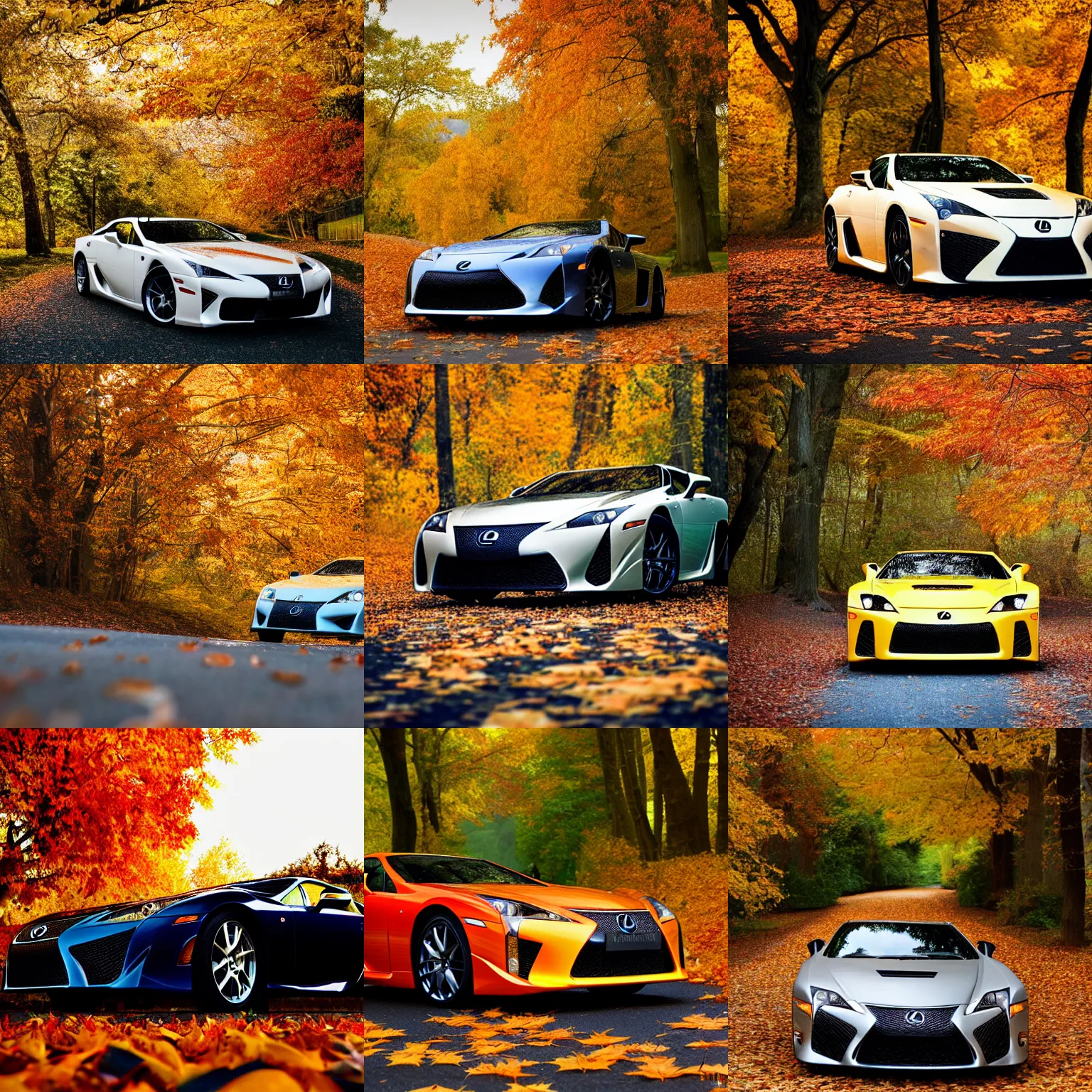 Prompt: award winning photography of a lexus lfa, autumn leaves