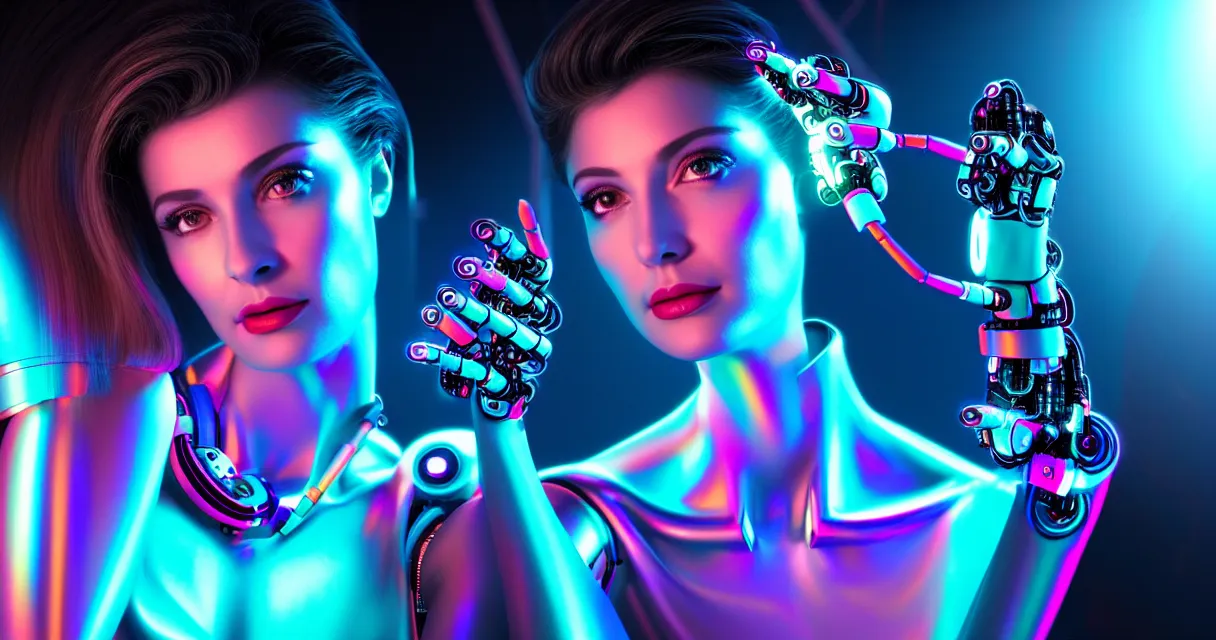 Prompt: beauty woman in holograms, with robotic arms, electronic case display, 80s style sci-fi tech, ultrarealistic, dramatic lighting, backlit, cables and wires, electrical details, high details, 4k, 8k, best, accurate, trending on artstation, artstation, photorealism, ultrarealistic, digital painting, style of Caravaggio, Boris Vallejo