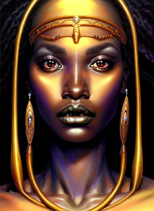 Prompt: stunning goddess of life portrait, dark skin and clear eyes. realistic, symmetrical face. art by bowater charlie, mark brooks, julie bell, arian mark, tony sandoval
