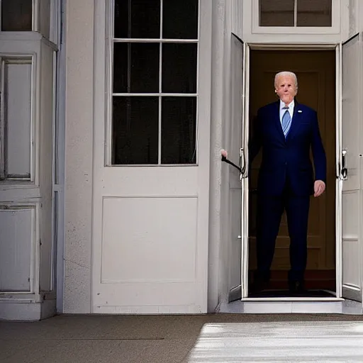 Prompt: Joe Biden T-posing threateningly in the doorway, lit from behind, scary, photo