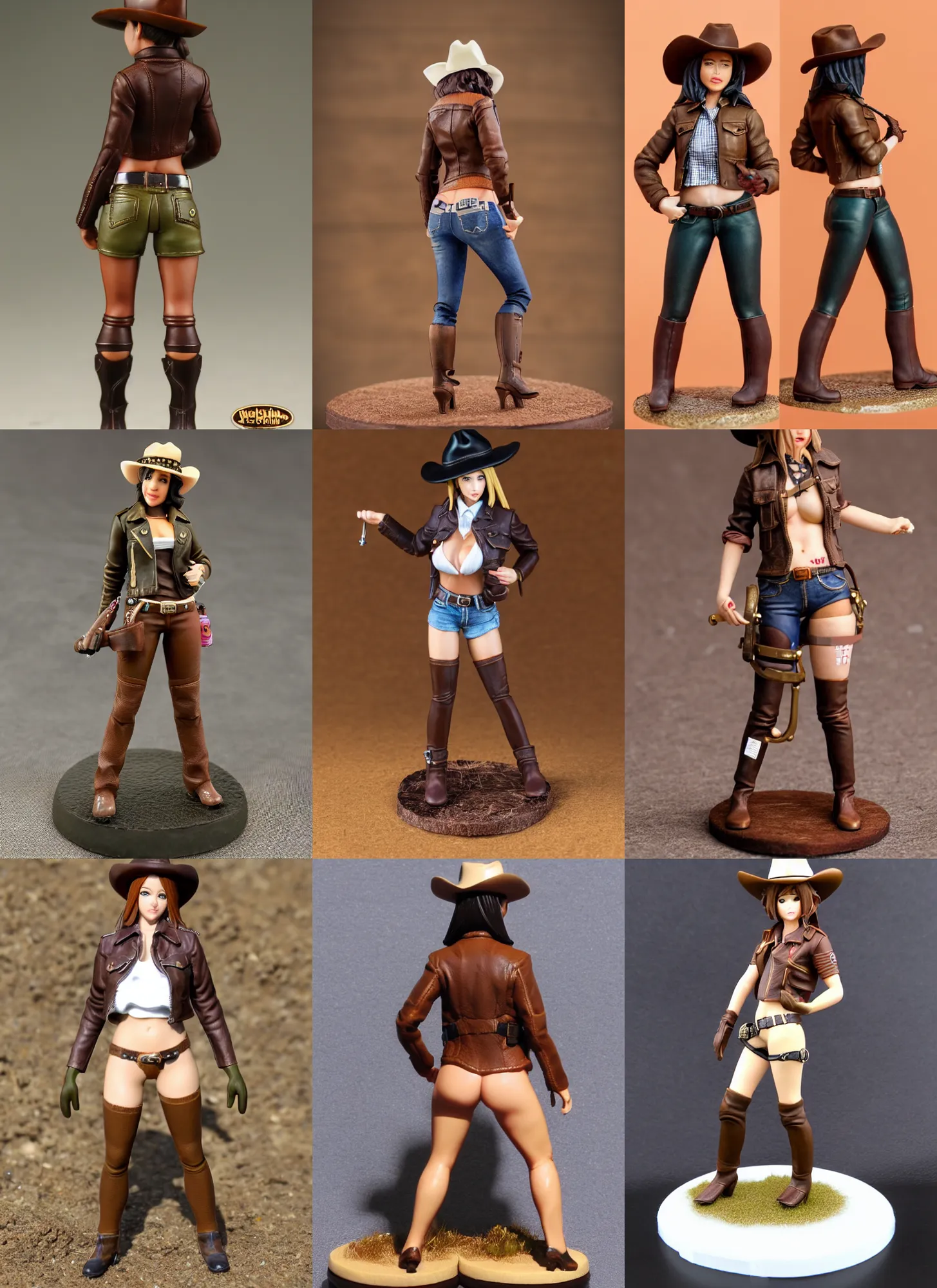 Prompt: 80mm resin detailed miniature of a cow girl, Short brown leather jacket, hot-pants, ten-gallon hat, navel, olive thigh skin, on textured disc base; Miniature product Introduction Photos, 4K, Full body