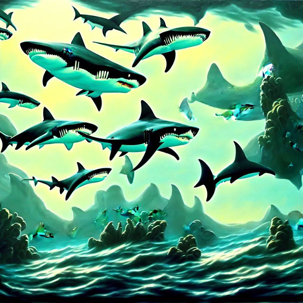 Prompt: shark party, detailed matte painting, oil on canvas, atmospheric, field of depth, fantasy, grim, dark, trending on artstation