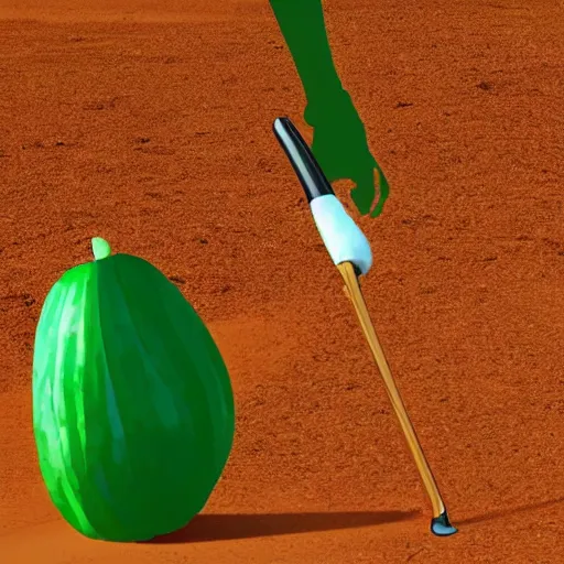 Prompt: a figure made of cucumber holdingbb a golf club, desert background