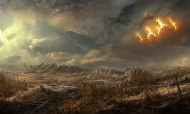 Image similar to post apocalyptic landscape, there is a nuclear explosion in the background, few sun rays, wallpaper, artstation, digital painting, hd, high detailed