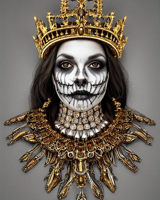 Image similar to realistic portrait of a queen of bones, dark, gold, silver ornaments, facing camera, photo realistic, detailed, 1 4 5 0, delicate, hyper realism, ultra realistic, 8 k