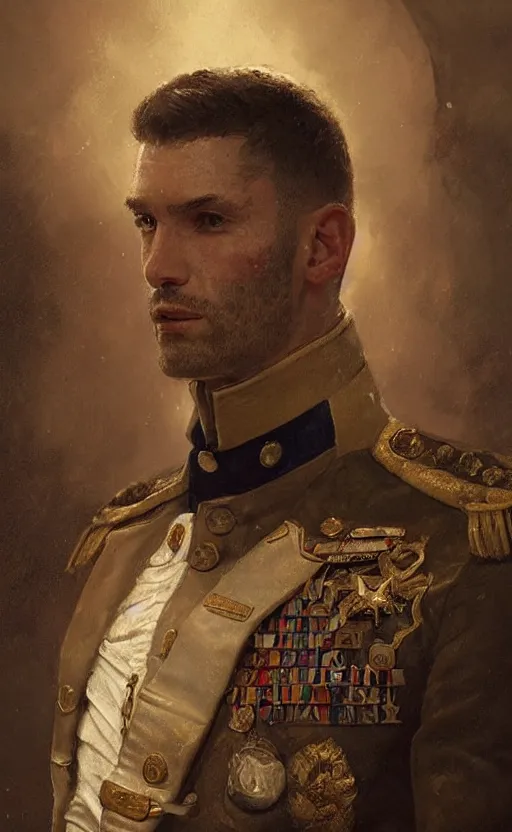 Prompt: official Portrait of a naval officer, male, detailed face, 19th century, highly detailed, cinematic lighting, digital art painting by greg rutkowski