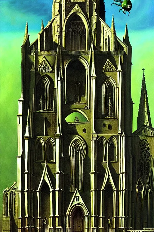 Prompt: a hyperrealistic painting of a flying biopunk alien monstrosity eating a cathedral, by chris cunningham and richard corben, highly detailed, vivid color,