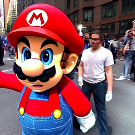 Image similar to supermario in NYC streets and crowded by people who waits for his autograph