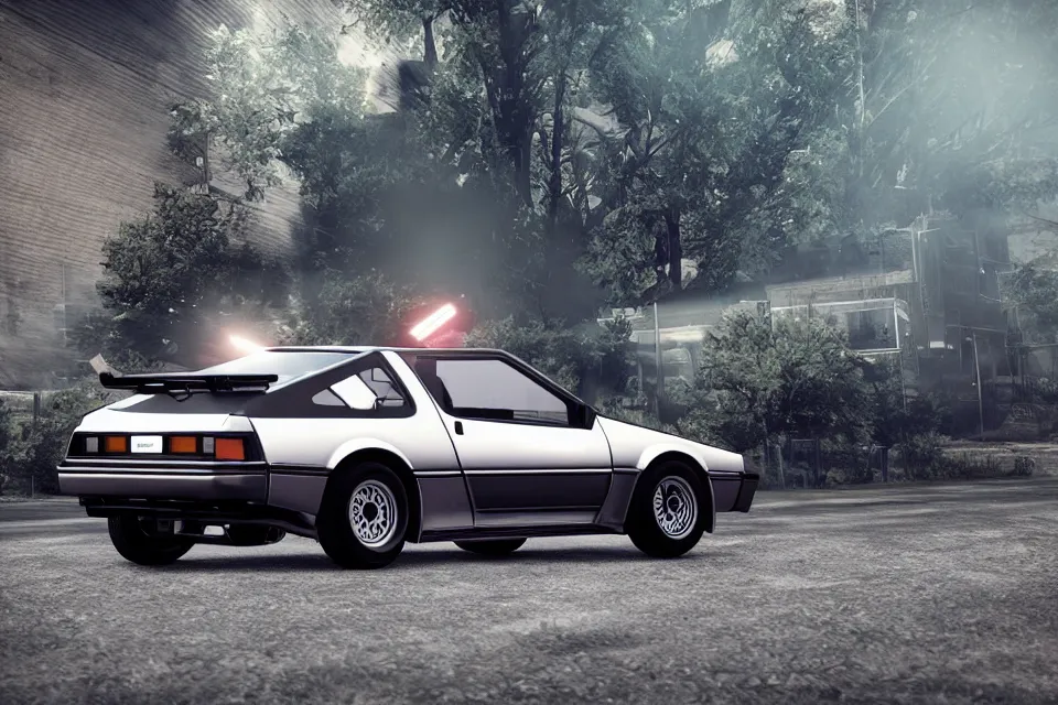 Image similar to ultra realistic toyta trueno ae 8 6 inspired by delorean dmc 5 drifting on ancient space highway wreckage in space, dark cinematic, volumetric, realistic, 3 d render, realistic render, cinematic lighting, volumetric lighting, atmospheric, cinematic, unreal engine 5, unreal engine render, octane render, hd, photorealism, hyper realistic, 8 k