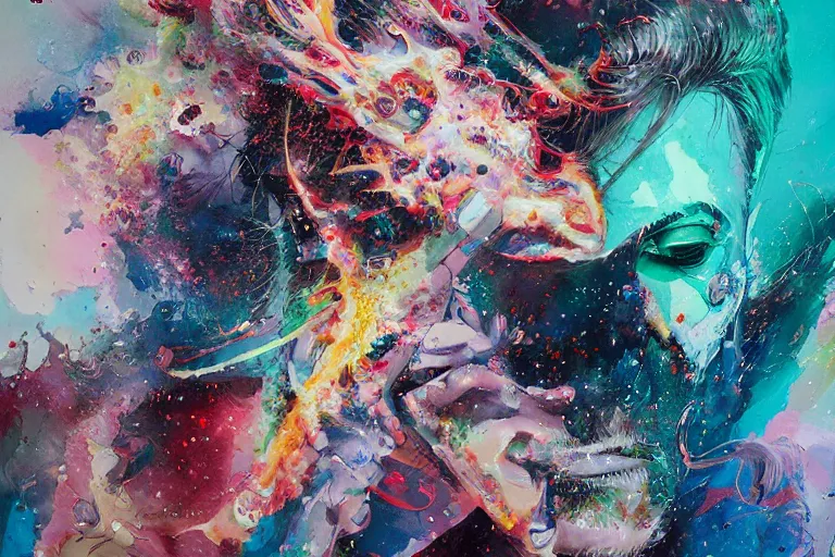 Image similar to a splattered action painting showing david bowie, ultradetailed, fine art painting, peter mohrbacher, moebius, david bowie, frottage, watercolor, acrylic, multilayered paint, spectacular splatter explosion, psychedelic art