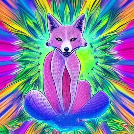 Image similar to an anthromorphic fox man meditating in a garden with a waterfall and clouds, by Lisa Frank in a psychedelic style, digital art