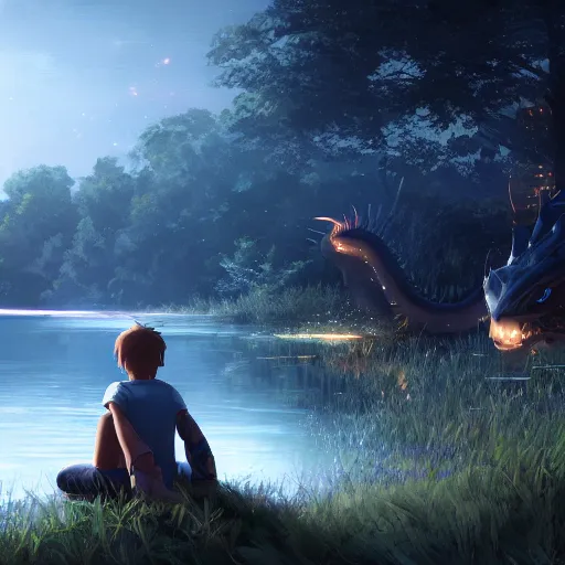 Image similar to a silver dragon and a boy sitting together next to a lake watching firefly at night in forest, concept art, dof, cryengine, digital art, detailed background, makoto shinkai