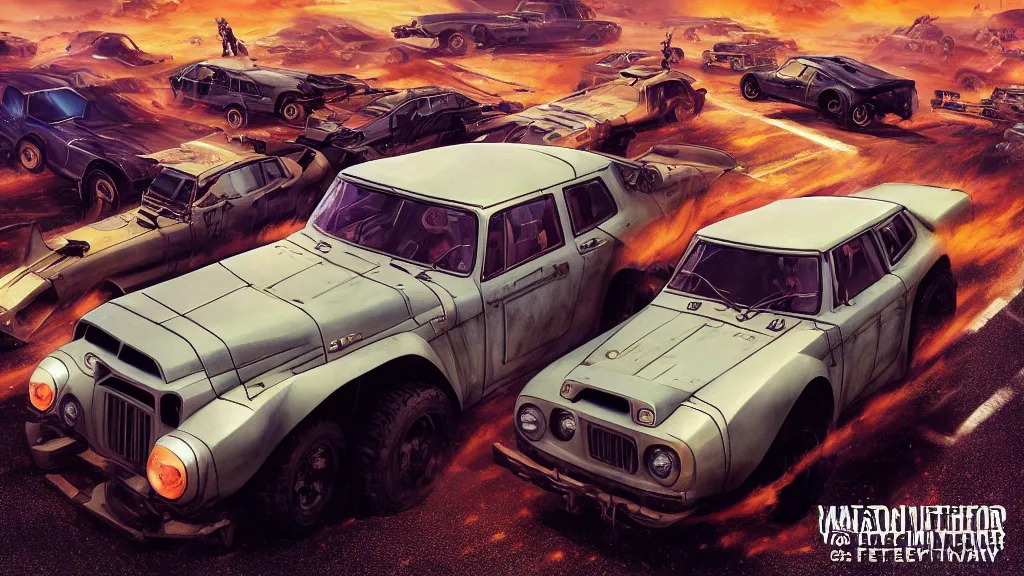 Image similar to anime illustration of mad max's fj 4 0 pursuit special, the last v 8 interceptor driving down to the gates of valhalla highway, riding fury road eternal shiny and chrome, world of fire and blood, by makoto shinkai, ilya kuvshinov, lois van baarle, rossdraws, basquiat, global illumination ray tracing hdr