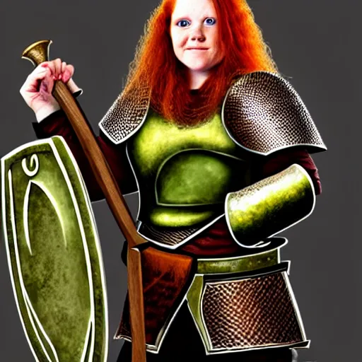 Image similar to dwarven woman, ginger hair, green eyes, holding hammer and shield with plate armour