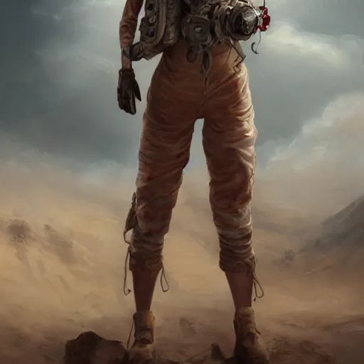 Image similar to tattooed dirty stoic butch heroic emotionless blonde woman engineer in tattered dirty flight suit, very short messy hair, victorian goggles, back pose, crossing primitive hostile alien desert, clouds of red dust, highly detailed, digital painting, artstation, concept art, matte, sharp focus, illustration, art by artgerm and greg rutkowski