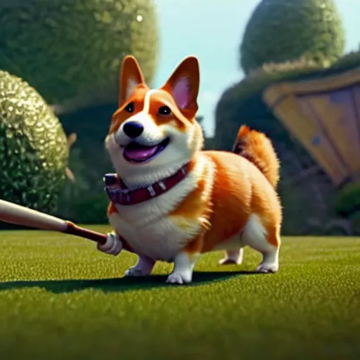 Image similar to weta disney pixar movie still photo of funny corgi with baseball bat : : corgi by pixar : : giant sign that says bonk : : by weta, greg rutkowski, wlop, ilya kuvshinov, rossdraws, artgerm, octane render, iridescent, bright morning, anime, liosh, mucha : :