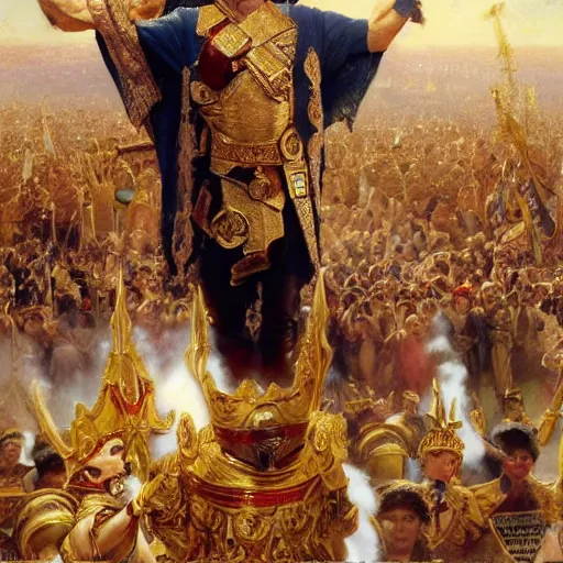 Image similar to tom cruise wearing a golden crown after overcoming his fear or death, standing above a cheering crowd, highly detailed painting by gaston bussiere and j. c. leyendecker 8 k