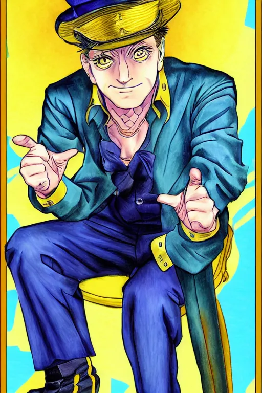 Image similar to Joe Biden as Jotaro Kujo JoJo from JoJo's Bizarre Adventure, anime drawing by Hirohiko Araki, vivid colors, colorful fashion