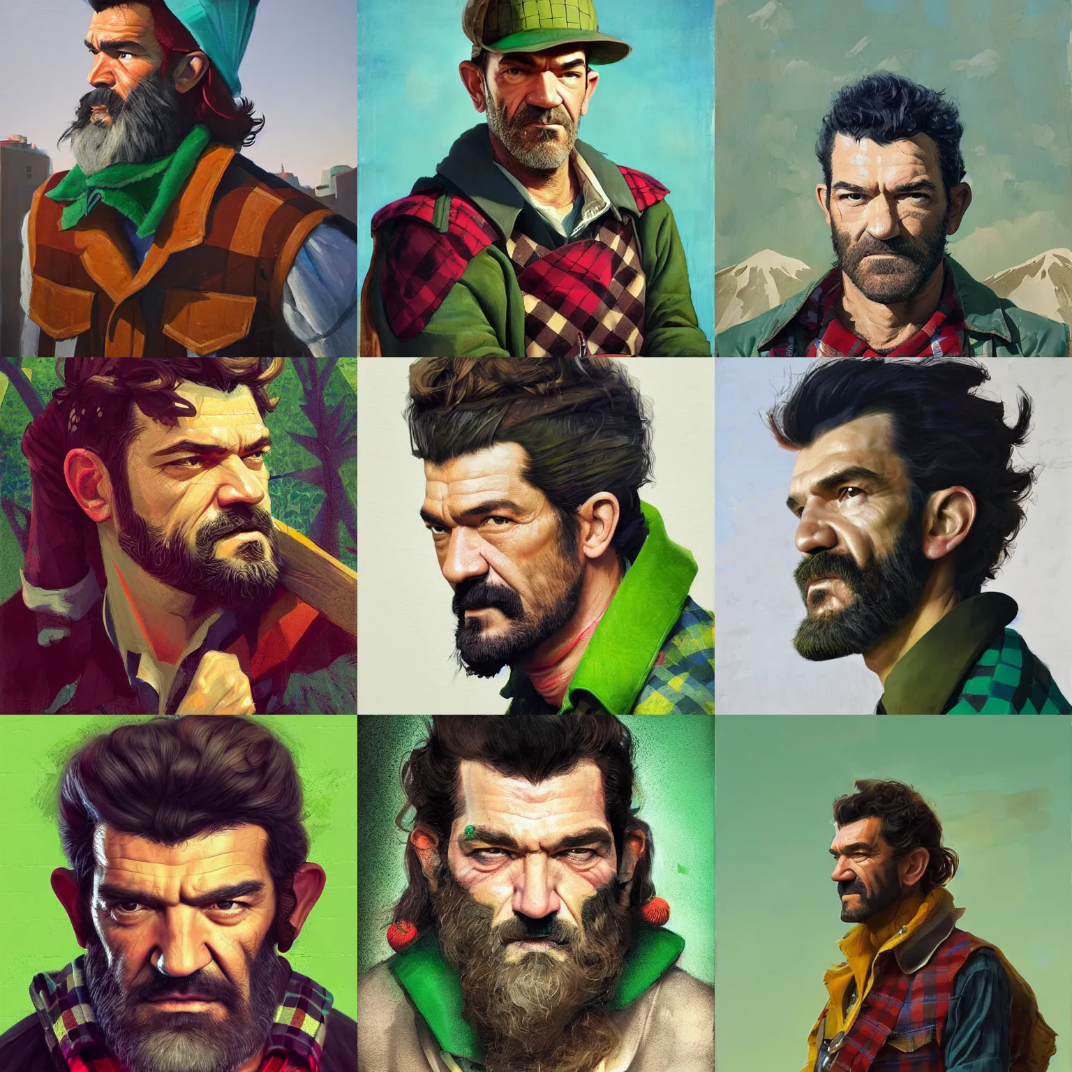 Prompt: portrait of antonio banderas dressed as a lumberjack, medium shot, asymmetrical, profile picture, green vest, organic painting, sunny day, matte painting, bold shapes, hard edges, street art, trending on artstation, by huang guangjian and gil elvgren and sachin teng