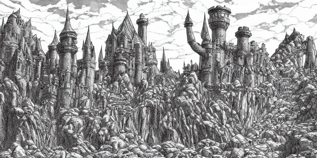 Prompt: illustration of a fantasy Castle in the middle of the desert, monochrome, manga style, by Kentaro Miura, sharp, dramatic lighting