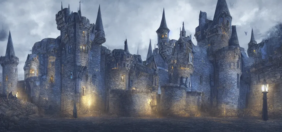 Image similar to A digital concept art painting of a dark blue medieval fantasy european ghotic castle with black brick in desert, 4K UHD image, unreal engine