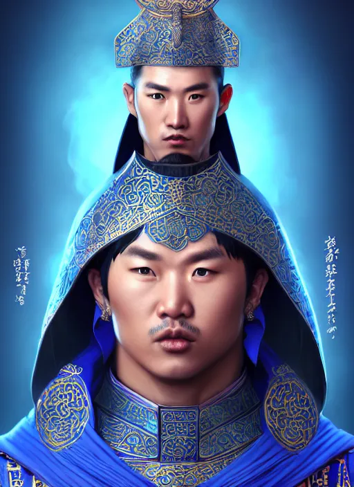 Image similar to male mongolian martial artist!!!! blue eyes!! intricate ornate blue robes!! character concept art, sharp focus, octane render! unreal engine 5! highly rendered!! trending on artstation!! detailed linework!! illustration by artgerm, wlop, and chie yoshii