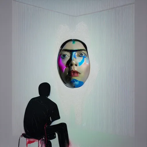 Image similar to portrait of a morphed gamer sitting on a stool looking into a mirror doing makeup by james jean and luc tuymans and beeple and hernan bas and pat steir and hilma af klint, psychological, 3 d, dripping paint, monochrome, high quality render, masterpiece