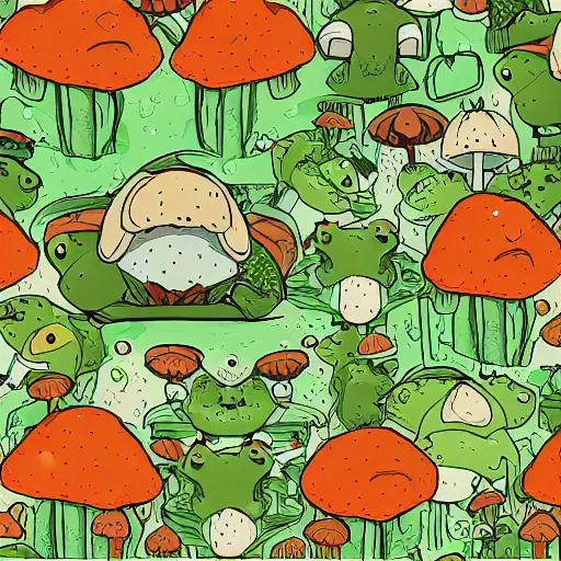 Image similar to repeating pattern of illustrations of cute frogs and mushrooms, woodland autumnal aesthetic, in the style of moebius and studio ghibli