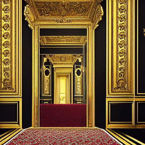 Image similar to parisian interior, dark walls, gold accents, interior design, thick carpet, hyperrealistic, hyperdetailed, super detailed, uhd, uhd, 8 k, high resolution,