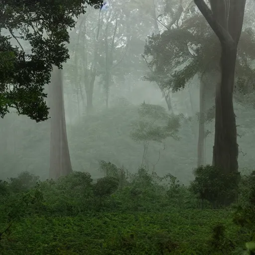 Image similar to battle of large proportions in the jungle foggy mist