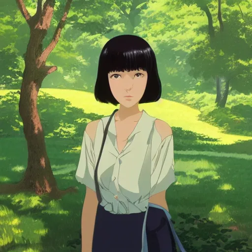 Prompt: Character portrait of a young beautiful woman in a lush park, beautiful face, long dark hair with bangs, highly detailed, cel shading, Studio Ghibli still, by Ilya Kuvshinov and Akihiko Yoshida