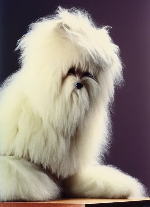 Prompt: realistic photo of a white fluffy hairy sweater, straight laying on a wooden desk 1 9 9 0, life magazine reportage photo, natural colors