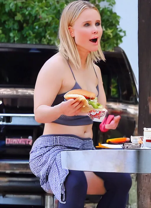 Image similar to chonky chubby kristen bell sitting eating a hamburger with her belly sticking out of her shirt