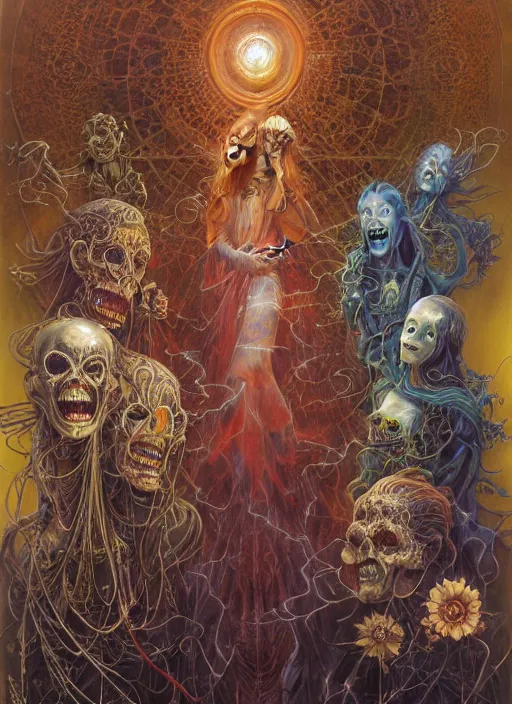 Prompt: realistic detailed image of a friendly figures of smiling ghosts and dmt jesters made of light walking back and forth in the field by Ayami Kojima, Amano, Karol Bak, Greg Hildebrandt, and Mark Brooks, Neo-Gothic, gothic, rich deep colors. Beksinski painting, part by Adrian Ghenie and Gerhard Richter. art by Takato Yamamoto. masterpiece