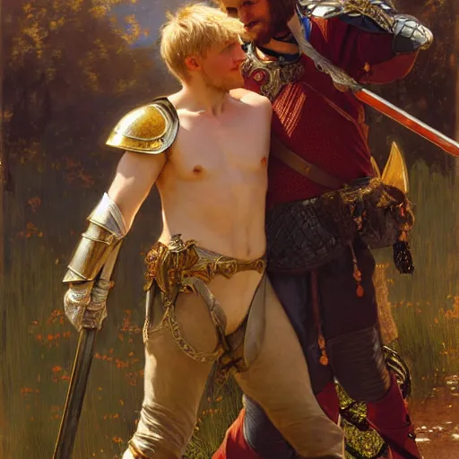 Image similar to attractive arthur pendragon and his attractive male knight, they are in love, natural lighting, path traced, highly detailed, high quality, digital painting, by gaston bussiere, craig mullins, alphonse mucha j. c. leyendecker