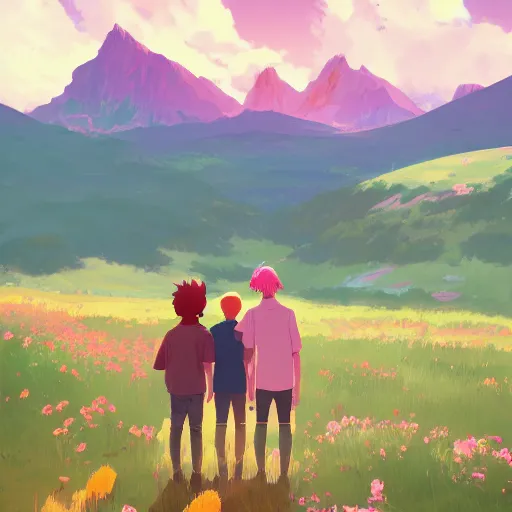 Prompt: two teen boys, pink haired, red haired, flower fields and mountains in the background, digital painting, artstation, highly detailed, by makoto shinkai and thomas kindle and James gilleard