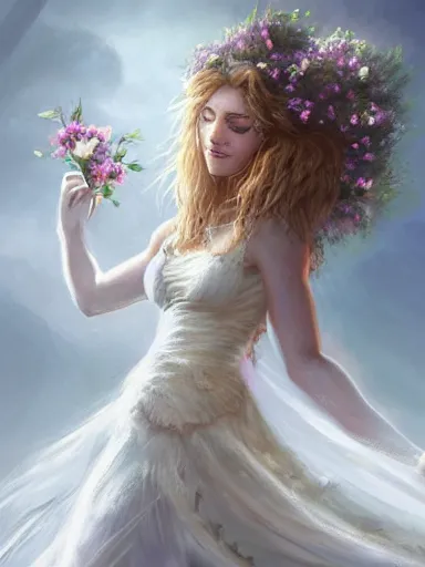 Prompt: a woman, wearing a cute white dress adorned with flowers. hugging a ferocious lion intricate, elegant, highly detailed, digital painting, artstation, concept art, sharp focus, illustration, by justin gerard and artgerm, 8 k