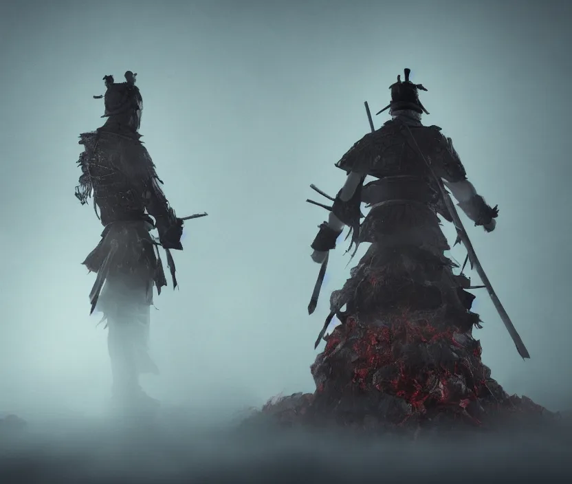 Image similar to samurai standing on a bunch of bodies with 6 arms , gloomy and foggy atmosphere, octane render, artstation trending, horror scene, highly detailded