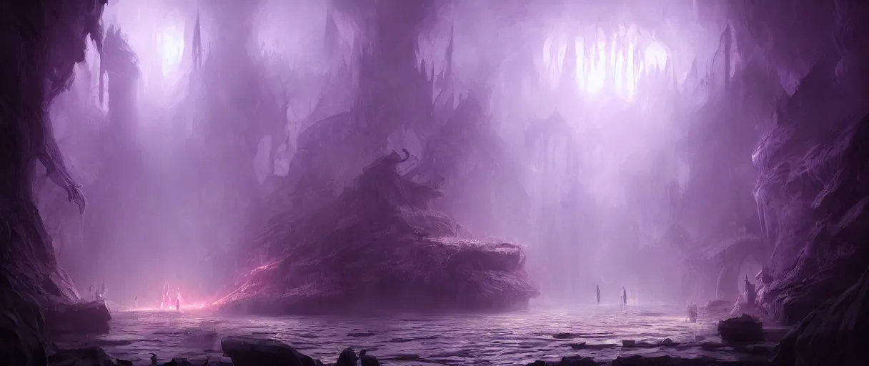 Image similar to digital painting of a underground lake, purple, style of demons souls, concept art, low angle, high detail, warm lighting, volumetric, godrays, vivid, beautiful, trending on artstation, by Jordan grimmer, no focus, huge scene, clear water