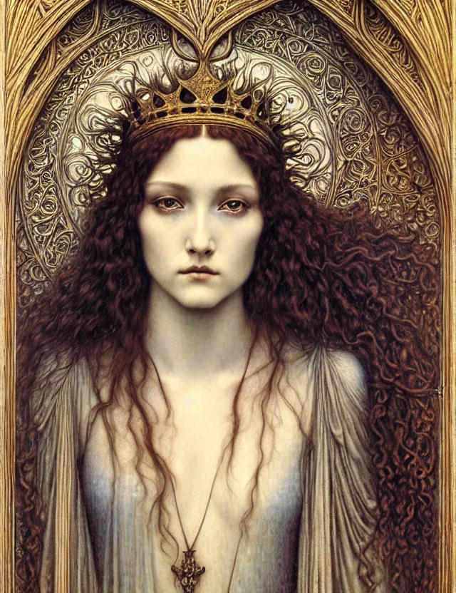 Image similar to detailed realistic beautiful young medieval queen face portrait by jean delville, gustave dore and marco mazzoni, art nouveau, symbolist, visionary, gothic, pre - raphaelite. horizontal symmetry