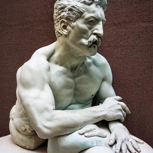 Image similar to a cracked roman marble statue of iosif stalin, highly detailed photography