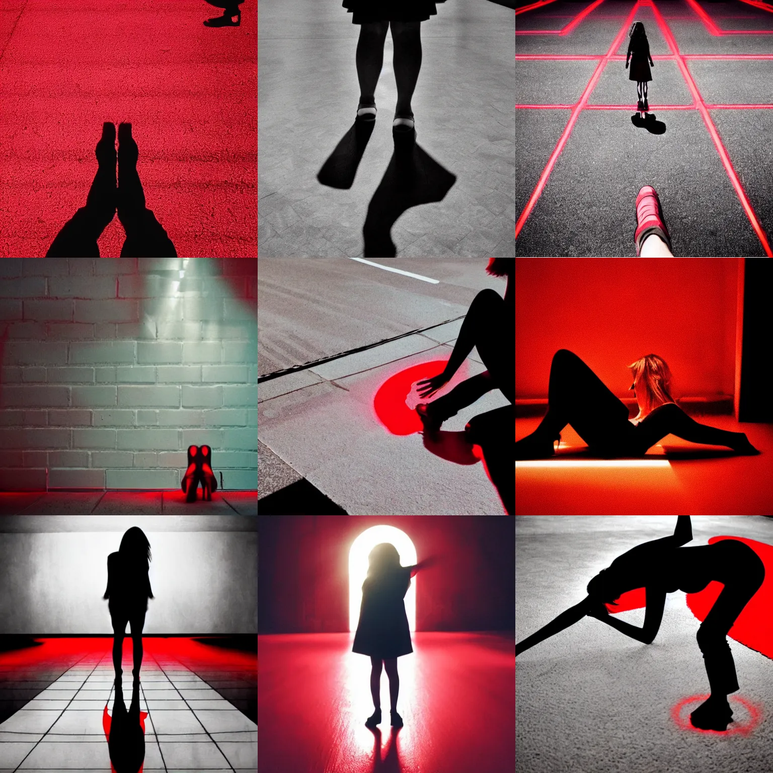 Prompt: she sees her own shadow cast in red light and outlined on the floor below her, what she sees is perfect and beautiful