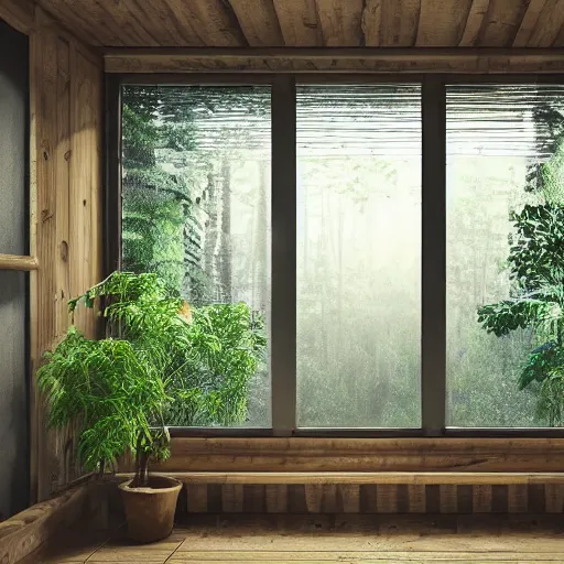 Prompt: the interior of a house with forest and plants theme, 8k, photo realistic, warm lighting